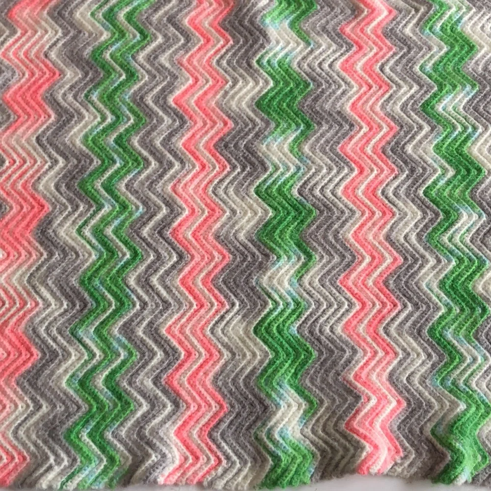 Pink green white gray chevron Baby Blanket Handmade Vintage 1970s Knit Blanket